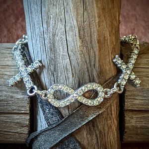 New Handcrafted Boho Silver Infinity and Embellished Crosses Dangle Bracelet
